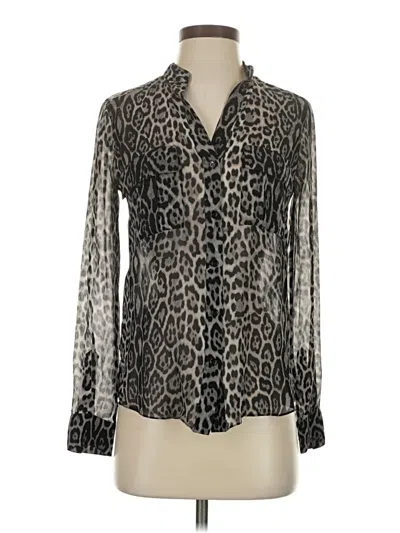 Pre-owned Bcbgmaxazria Long Sleeve Silk Top Silver Animal Print Pattern Plunge Neckline Tops