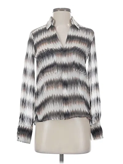 Pre-owned Bcbgmaxazria Long Sleeve Silk Top Silver Chevron/herringbone Pattern Plunge Neckline Tops