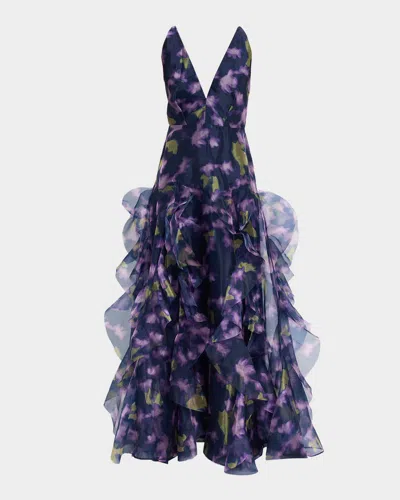 Bcbgmaxazria Low-back Deep V-neck Organza Gown In Multi
