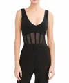 Bcbgmaxazria Mesh Inset Deep V-neck Bodysuit In Black In Black