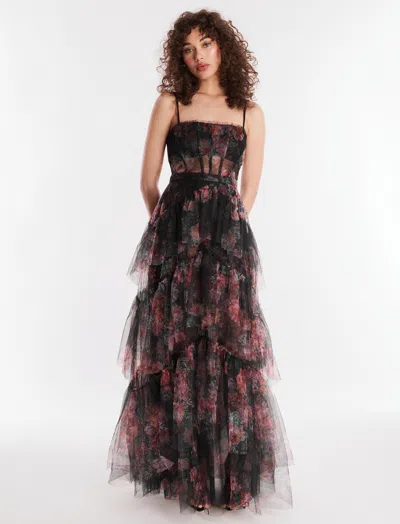 Bcbgmaxazria Oly Tiered Ruffle Tulle Evening Gown In Orchid Combo