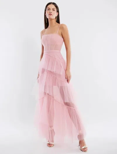 Pre-owned Bcbgmaxazria Oly Tiered Ruffled Tulle Evening Gown Pink Rose Size 10 $498