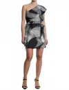 Bcbgmaxazria One Shoulder Flounce Mini Dress In Black Abstract Wings In Multi