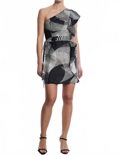Bcbgmaxazria One Shoulder Flounce Mini Dress In Black Abstract Wings