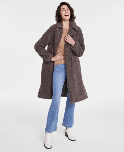 Bcbgmaxazria Petite Notched-collar Teddy Coat In Grey