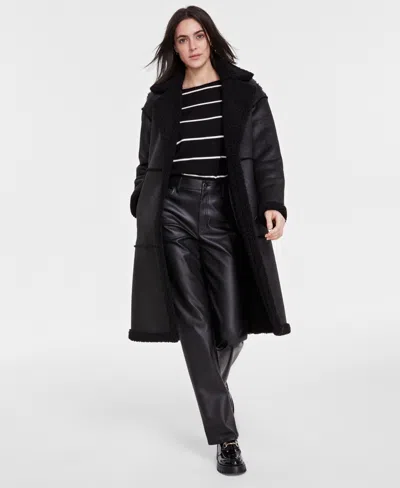 Bcbgmaxazria Petite Single-breasted Faux-shearling Coat In Black