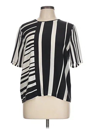 Pre-owned Bcbgmaxazria Short Sleeve Silk Top Black Stripes Pattern One Shoulder Neckline Tops