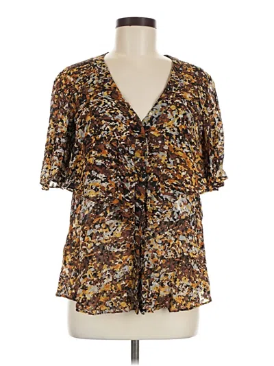 Pre-owned Bcbgmaxazria Short Sleeve Silk Top Brown Plunge Neckline Tops