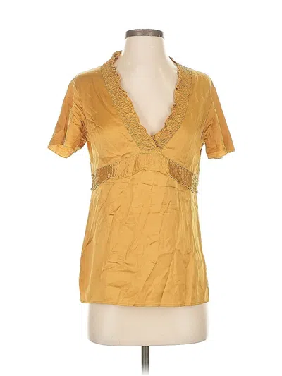 Pre-owned Bcbgmaxazria Short Sleeve Silk Top Gold Plunge Neckline Tops
