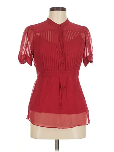 Pre-owned Bcbgmaxazria Short Sleeve Silk Top Red Solid Pattern Mock Neckline Tops