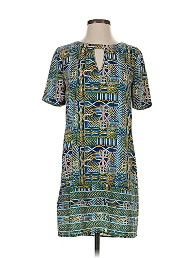 Pre-owned Bcbgmaxazria Short Sleeve Top Teal Keyhole Neckline Tops In Blue