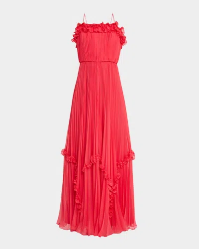 BCBGMAXAZRIA SLEEVELESS PLEATED RUFFLE-TRIM GOWN