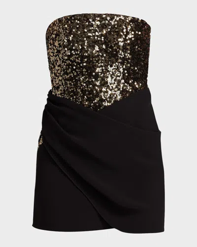 Bcbgmaxazria Strapless Sequin Crepe Wrap-skirt Mini Dress In Black