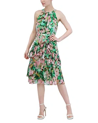 Bcbgmaxazria Tiered Ruffle Halter Dress In Green Combo