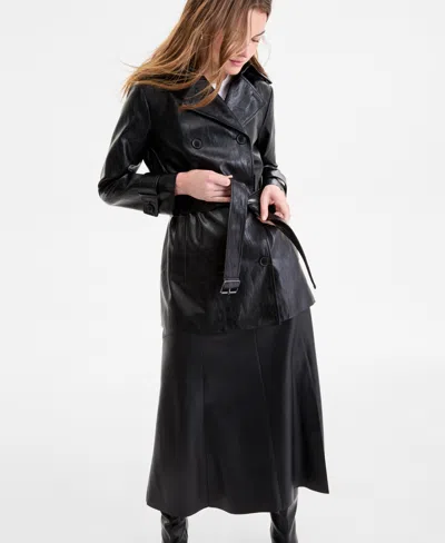 Bcbgmaxazria Women's Double-breasted Faux-leather Belted Trench Coat In Black
