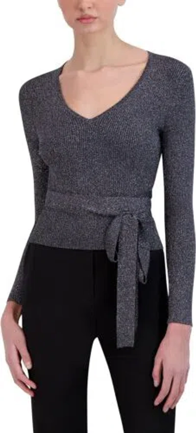 Pre-owned Bcbgmaxazria Women's Fitted Long Sleeve Sweater V Neck Waist Tie Top In Gunmetal