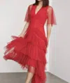 Bcbgmaxazria Women's Flocked Dot Asymmetric Ruffle Gown Dress In Red In Red