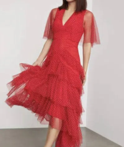 Bcbgmaxazria Women's Flocked Dot Asymmetric Ruffle Gown Dress In Red