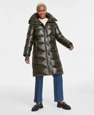 Bcbgmaxazria Women's Hooded Collared Puffer Coat In Shiny Dark Olive