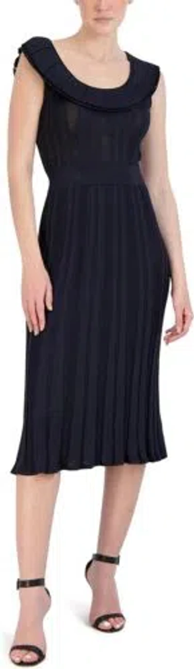 Pre-owned Bcbgmaxazria Women's Midi Fit And Flare Ribbed Ruffle Hem Scoop Neck Dresses In Navy