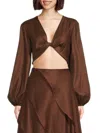 Bcbgmaxazria Twist Front Linen-blend Crop Top In Brown