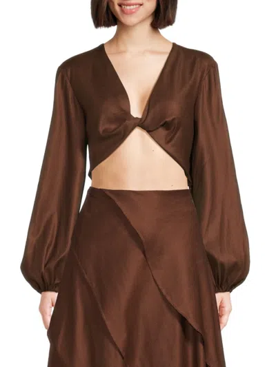 Bcbgmaxazria Twist Front Linen-blend Crop Top In Brown