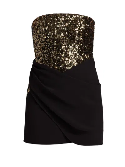 Bcbgmaxazria Strapless Sequin Crepe Wrap-skirt Mini Dress In Black