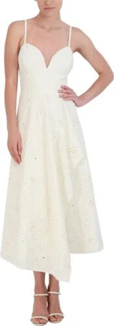 Pre-owned Bcbgmaxazria Women's Sweetheart Neck Sleeveless Asymmetrical Eyelet Dress In Gardenia