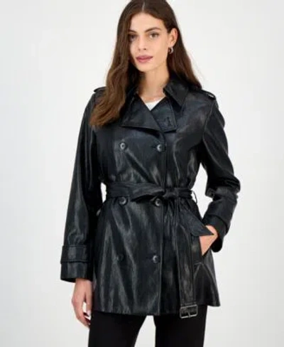 Bcbgmaxazria Womens Double Breasted Faux Leather Belted Trench Coat P Xxs Xxl In Leopard