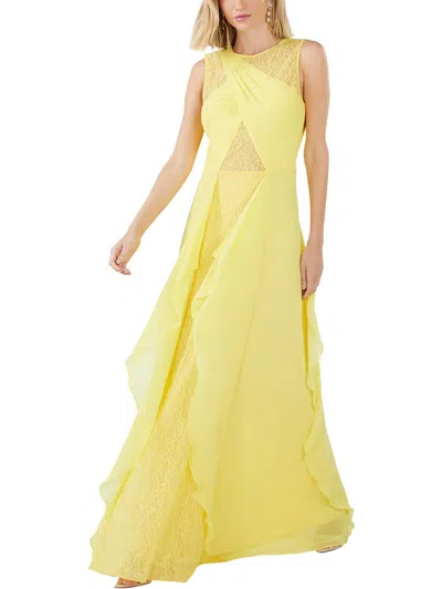Bcbgmaxazria Womens Lace Cascade Ruffle Evening Dress In Yellow