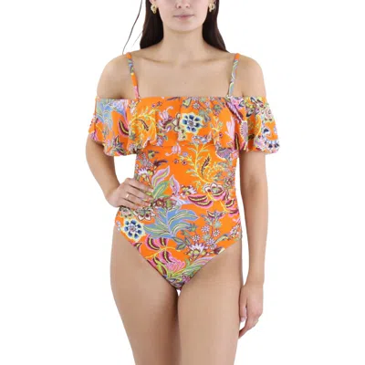 Bcbgmaxazria Womens Ruched Nylon One-piece Swimsuit In Orange