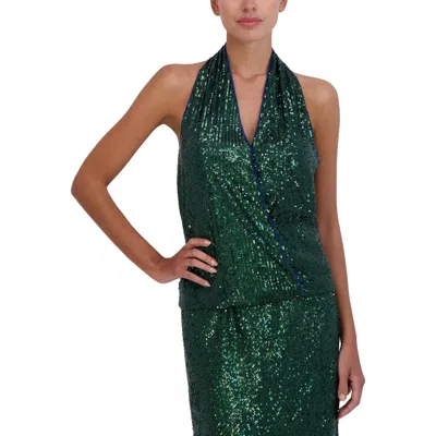 Bcbgmaxazria Womens Sequined Faux Wrap Halter Top In Gold