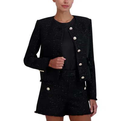 Bcbgmaxazria Womens Tweed Sequined Collarless Blazer In Black
