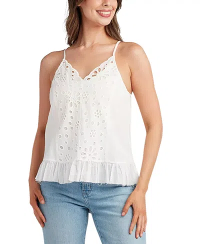 Bcx Blouse Top Womens White Cotton Eyelet Ruffle Hem V-neck Preppy Pall98