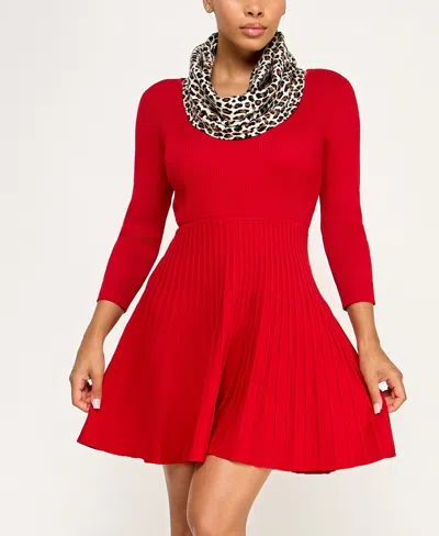 Bcx Juniors' 3/4-sleeve Crewneck Detachable Scarf Sweater Dress In Red