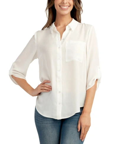 Bcx Juniors' 3/4-sleeve Cutout Button-front Shirt In Off White
