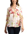Bcx Juniors' 3/4-sleeve Printed Button-front Blouse In White
