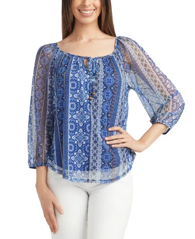 Bcx Juniors' 3/4-sleeve Printed Mesh Peasant Top In Blue