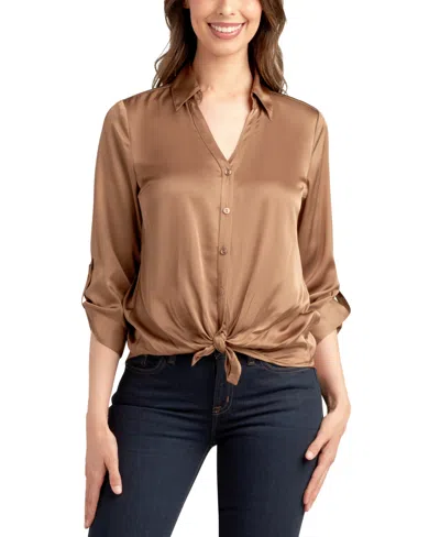 Bcx Juniors' 3/4-sleeve Tie-front Satin Top In Brown