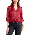 Bcx Juniors' 3/4-sleeve Tie-front Satin Top In Red