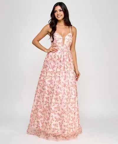 Bcx Juniors' 3d Floral Deep V-neck Open-back Gown, Created For Macy's In Light Pink