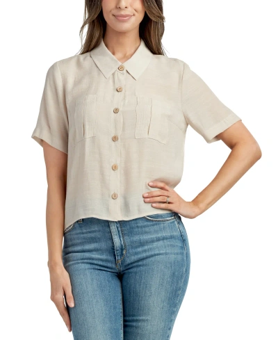 Bcx Juniors' Boxy Drop-shoulder Button-front Shirt In Sand