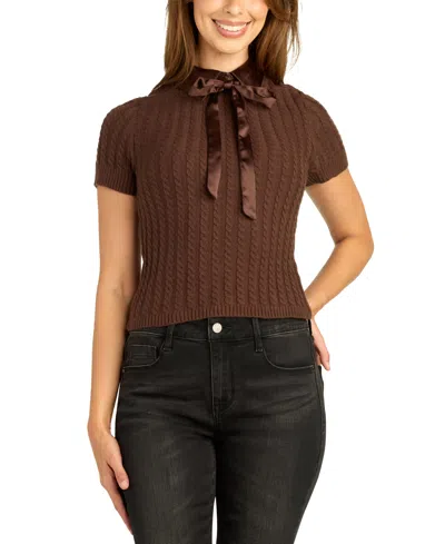 Bcx Juniors' Cable-knit Contrast-collar Back-zipper Short-sleeve Pullover Sweater In Chocolate