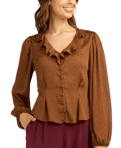 Bcx Juniors' Chiffon Jacquard V-neck Button-front Blouse In Cinnamon