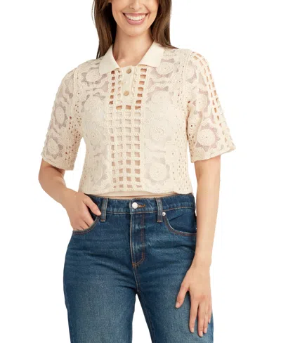 Bcx Juniors' Cotton Crochet Lace Polo Top In White