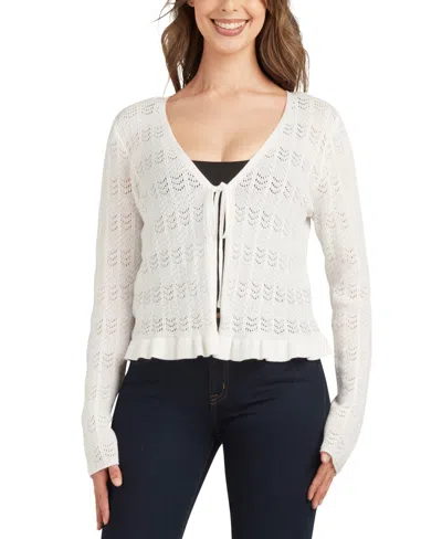 Bcx Juniors' Cotton Flyaway Ruffled-hem Open-stitch Cardigan In Ivory