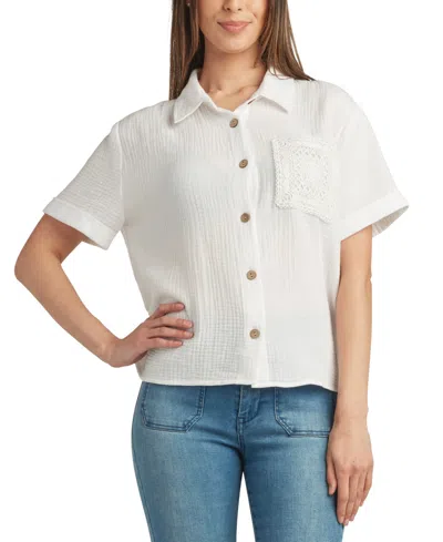 Bcx Juniors' Cotton Short-sleeve Collared Gauze Top In White