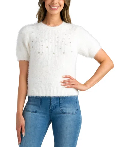 Bcx Juniors' Crewneck Embellished Short-sleeve Sweater In Winter White