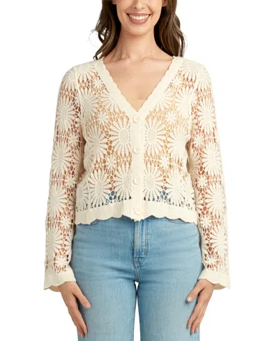 Bcx Juniors' Crochet V-neck Flare-sleeve Cardigan In Ivory