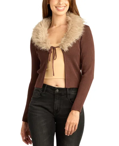 Bcx Juniors' Cropped Tie-front Faux-fur Cardigan In Brown